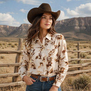 Camicie Western Retrò di Alta Qualità per Donne, Stampa a Righe, Manica Lunga, Bottoni in Perla, Blusa Western - Product Image 1