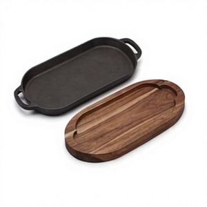 Elegant Wood And Metal Sizzler Plate For Steak <b>Barbecue</b> And Hot Food Serving With Durable Wooden Base Tray - Product Image 1