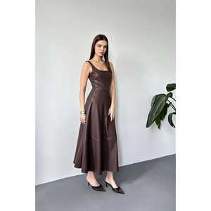 Wholesale ODM Brown <b>Strappy</b> Leather <b>Dress</b> Elegant XS 6XL Sexy <b>Summer</b> Knee-Length Puff Sleeve Empire Waistline Ruffles Strapless - Product Image 3