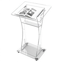 Pupitre moderne en acrylique avec porte-livre, podium en cristal acrylique avec 4 roulettes