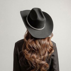 Wholesale 2024 Luxury Rhinestone Band Chapeau Western Wide Brim Fedora Custom Cowgirl Wool Felt Custom Logo Women Cowboy Hats - Product Image 6