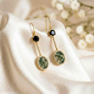 Green Moss Agate Black Obsidian Gemstone <b>Earrings</b> Featuring Oval Dangle Style in 925 Sterling <b>Silver</b> or 18K Gold Filled - Product Image 2