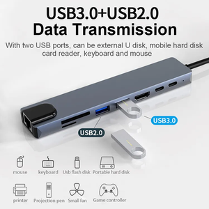 Hub <span class=keywords><strong>USB</strong></span>-<span class=keywords><strong>C</strong></span> 8 en 1 en alliage d'aluminium, adaptateur multifonction, station d'accueil Macbook 4K HDTV, <span class=keywords><strong>USB</strong></span> 3.0, chargeur, compatible téléphone, ordinateur portable - Product Image 2