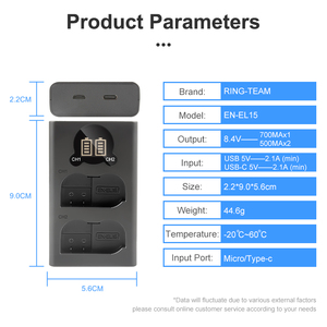 <span class=keywords><strong>Chargeur</strong></span> double rapide intelligent RingTeam 8.4V 0.7A avec écran LCD USB-C pour <span class=keywords><strong>batterie</strong></span> EN-EL15 ENEL15 pour <span class=keywords><strong>Nikon</strong></span> Z5 Z6 Z7II <span class=keywords><strong>D7000</strong></span> D610 - Product Image 5