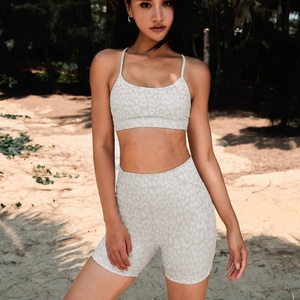 Custom Leopard Print Women's Gym Set-Breathable Lightweight Yoga Bra Quick Dry Shorts Plus Size Y Back Design <b>Belt</b> <b>Elastic</b> Waist - Product Image 6
