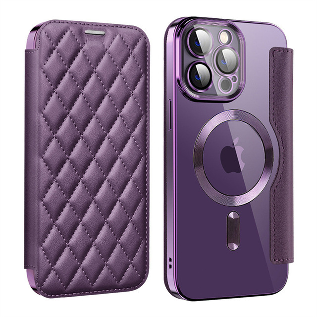 Diamond Pattern Flip Leather Magnetic Phone case  Suitable for iPhone  17  PRO MAX 16 11 12 13 14 15  Transparent Anti Drop