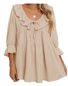 Chemise à manches longues beige pour femmes, col à volants, coupe ample, en coton crêpe doux, couleur unie, conçue pour un usage décontracté - Product Image 1