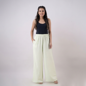 Pantalon palazzo ample en coton Khadi respirant teint en fil, vert clair, élastiqué, décontracté, pour femme - Product Image 1