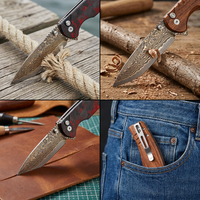 Couteau pliant original en laiton Damas, couteau de poche utilitaire haute dureté, manche en bois/fibre de carbone, couteaux de camping et de chasse DM033