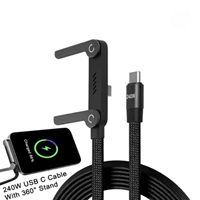 Câble de charge rapide USB-C 2-en-1 240W avec support de téléphone pliable, cordon coudé tressé en nylon de 1,5 m
