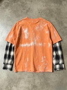 <b>Men's</b> Orange Oversized T-Shirt With <b>White</b> Drip Paint Pattern Contrast Plaid Sleeve Street Style O-Neck Knitted Cotton - Product Image 2