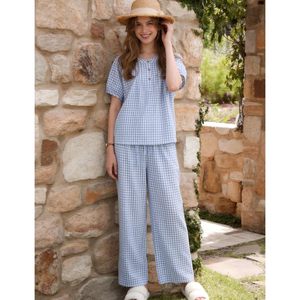 Pijamas de gingham para mujer, conjunto de 2 piezas, top Henley de manga corta, pantalones de pierna ancha, ropa de dormir suave tejida, ropa informal para estar en casa. - Product Image 5