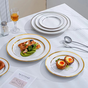 Plato plano redondo con borde de oro blanco de lujo de estilo europeo, juegos de <span class=keywords><strong>vajilla</strong></span> de cerámica de 6/8/10 pulgadas, juego de platos de cena de comida de porcelana - Product Image 4