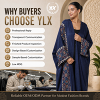 Abaya Kimono Ouvert en Coton Bleu Marine Yilixin Personnalisé pour Femme, Bordures Brodées Ethniques, OEM ODM Marque Privée, Style Modeste de Dubaï