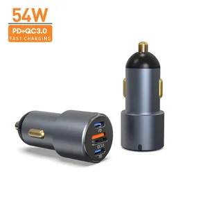 54W 3-Port Type C PD 30W Car Charger QC3.0 PD 24W Fast USB-C Aluminum alloy Car Charger