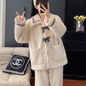2024 caldo autunno inverno <span class=keywords><strong>donna</strong></span> <span class=keywords><strong>pigiama</strong></span> Set flanella moda dolce fiocco molto spesso caldo con tasca Homewear di lusso pigiami - Product Image 3