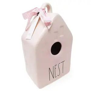 NEST Pastel Pink Ceramic LL Decorative Square Birdhouse with Pink & White Gingham Ribbon 2020 Limited Edition