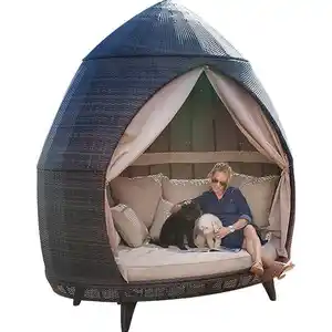Venda quente ao ar livre mobiliário de jardim do rattan lounge daybed lazer cama com dossel
