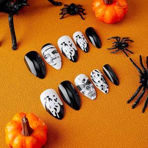 Blanco y Negro Ongles Artificiel Manicure Skull Almond <span class=keywords><strong>Impress</strong></span> Nail Fashion Halloween Luxury Press On Nails - Product Image 3