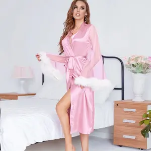 NANTEX kadın saf renk saten Kimono Robe uzun tüy nedime Robe sabahlık