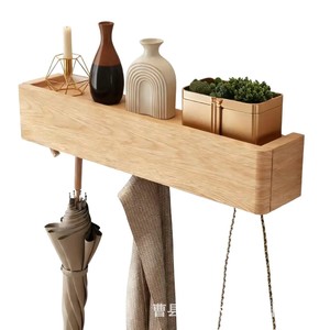 Wooden wall-mounted <b>storage</b> rack with hidden hooks for <b>clothes</b> and hats, front door <b>storage</b> rack - Product Image 1