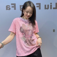 LFF-1667 / T-shirt en coton à manches courtes pour femme, imprimé léopard et floral, orné de strass, coupe classique, idéal pour l'été