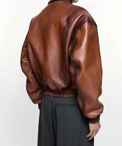 جاكيت بومبر جلدي قصير طيار قصير مرقع من الجلد الجديد للرجال - Product Image 4