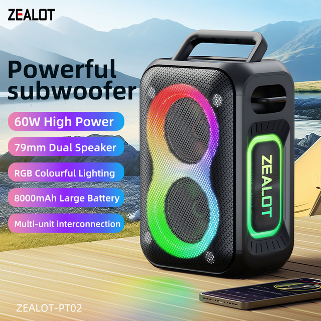 Zealot PT02 60W Portable RGB LED Wireless Speaker 8000mAh Battery for 5.3 IPX6 Waterproof for Outdoor Karaoke Computer Use