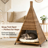 Erhöhtes, niedliches Katzenbett, Hunde-Höhle, PP-Rattan, atmungsaktiv, wasserdicht, dreieckig, für den Innen- und Außenbereich, abnehmbar, waschbar, alles inklusive