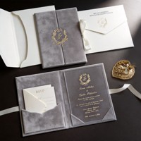 Set Undangan Pernikahan Folio Hardcover Beludru Biru Dongker Personalisasi, dengan Embos Foil Emas dan Akrilik, Termasuk Amplop