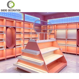 Pink Cosmetic Display Island with <b>LED</b> <b>Light</b> <b>Strip</b> Beauty Shop Shelf Wall Display Unit Boutique Store Fitting with Mirror - Product Image 3