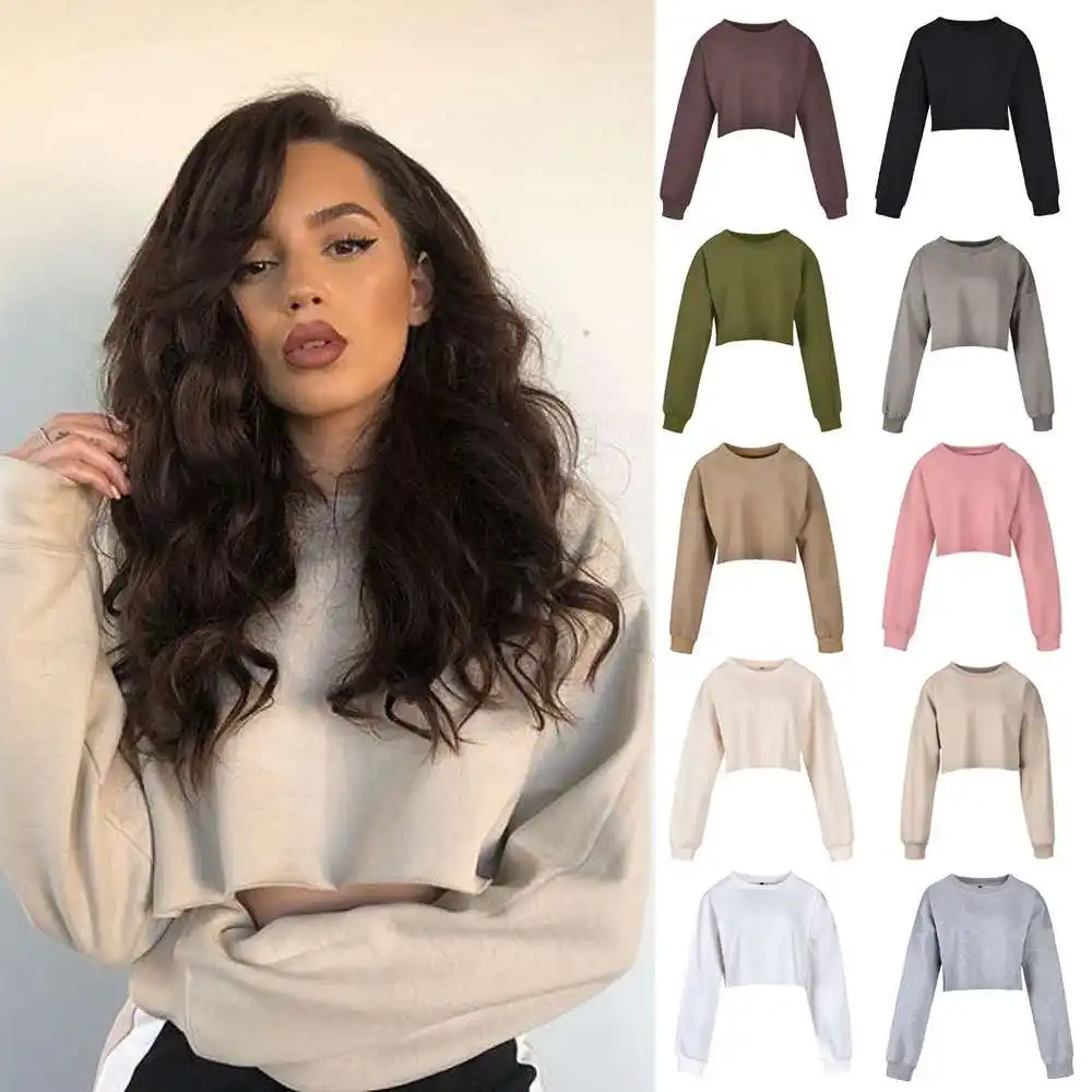 Custom Printing 100% Cotton French Terry Plain Sweaters Long Sleeve Women Crop Top Hoodies