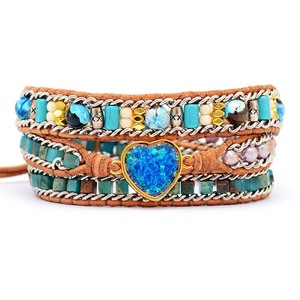 Bracelet en cuir tressé opale bleu, forme cœur, style bohème, bracelet d'amitié, cadeau, bijoux - Product Image 5