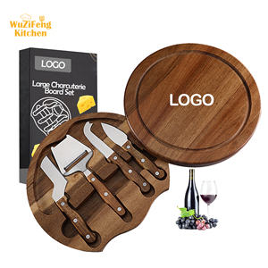 Plato giratorio redondo para servir, tabla de quesos y juego de cuchillos, corte de madera, cuchillos de acero inoxidable, juego de tabla de charcutería de pan y frutas - Product Image 1