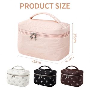 <b>Quilted</b> Bow Embossed Makeup Bag with Sturdy Handle <b>Double</b> Zippers Cosmetic Organizer Bag for Travel - Product Image 2