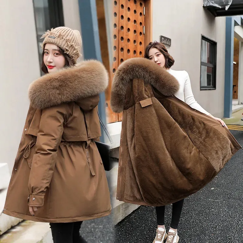 Femmes Mode Long Parka Manteau Hiver Printemps Fourrure À Capuche Coton Rembourré Veste Polaire Doublure Lady Slim Warm Parkas Manteaux