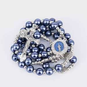 블루 펄 묵주 수제 10mm 유리 진주 페르시 기적의 메달 5 년 성모 마리아 묵주 - Product Image 4