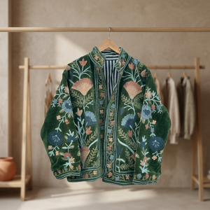 Veste en velours brodée à la main, motif floral, manches longues, col montant, veste d'automne pour femmes, vente en gros de vestes Suzani B2B - Product Image 2