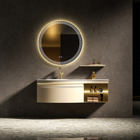 Meuble-lavabo de salle de bain moderne de luxe en alliage d'aluminium alvéolé avec comptoir en marbre, miroir LED intelligent, lavabo et évier pour villa