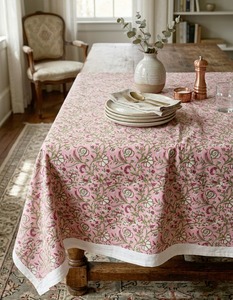 Pink Hand Block Printed <b>Tablecloth</b> Woven Cotton Fabric Floral Print Table Linen for Home Dining <b>Party</b> - Product Image 4