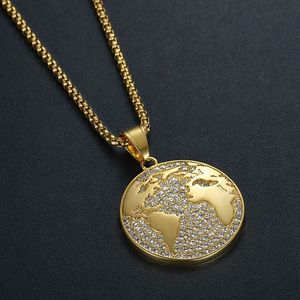 Hip Hop ghiacciato diamante mappa del mondo a prova di acqua Pvd in acciaio inossidabile moneta di moda gioielli ciondoli collane placcato oro 18K donne - Product Image 4