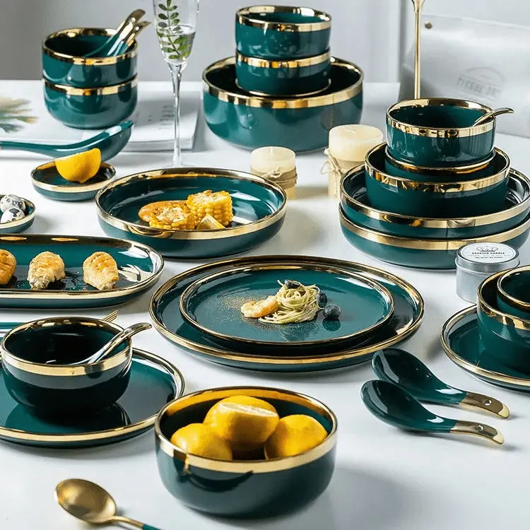 Benutzer definierte Nordic Green Ceramic Dinner Geschirr Restaurant Home Porzellan Geschirr Set