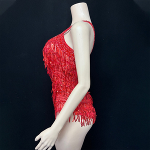 Novance Y4903 Produit en vente : Robe de soirée sexy dos nu pour femme, ornée de strass rouges, de sequins et de pompons, idéale pour les fêtes de Noël et les clubs. - Product Image 2