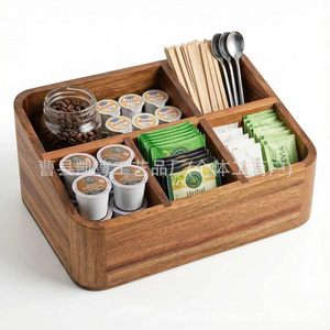 Caja de almacenamiento de madera maciza con compartimentos, organizador de café y bolsitas de té para mostrador de bar, caja de almacenamiento para escritorio de sala de estar - Product Image 5