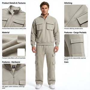 Ensemble de survêtement cargo pour homme, pull à col zippé, coupe décontractée, 100% coton, sweat-shirt et pantalon de jogging multi-poches, vente en gros - Product Image 5