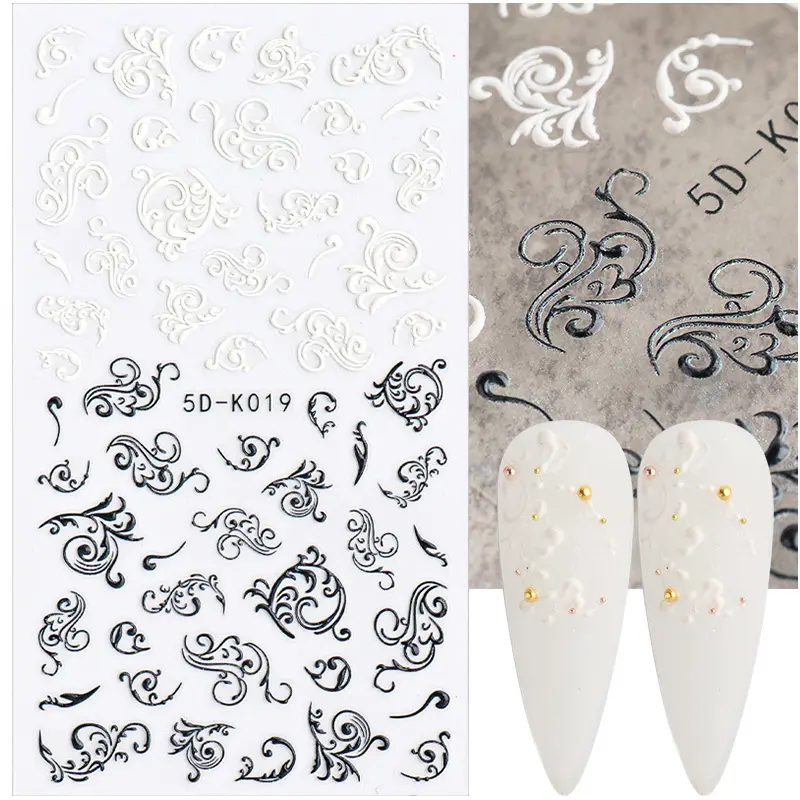TSZS 5D White Acrylic Engraved Flower Nail Sticker Wedding Adhesive Transfer Nail Decal 5D Embossed Lace Water Decals