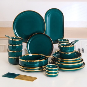 Service de table en céramique <span class=keywords><strong>vert</strong></span> émeraude de luxe avec bordure dorée, assiettes et bols en porcelaine royale européenne pour mariage, banquet, hôtel - Product Image 2