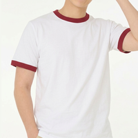 Kaos Pria Vintage Putih dengan Trim Merah Lengan Pendek Kasual O-Neck Longgar 100% Poliester Rajutan Cetak Warna Solid Desain Polos