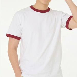 เสื้อยืดสีขาวชาย แขนสั้น แต่งขอบสีแดง คอกลม ทรงปกติ ผ้าฝ้ายถัก 100% สีพื้น ดีไซน์เรียบง่าย - Product Image 3