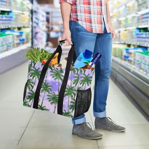 Low Moq Black Handles Canvas Fabric Grocery Shopping Bag <b>Large</b> Tropical Palm Tree <b>Print</b> Beach Tote Bag With Mesh Side Pockets - Product Image 3